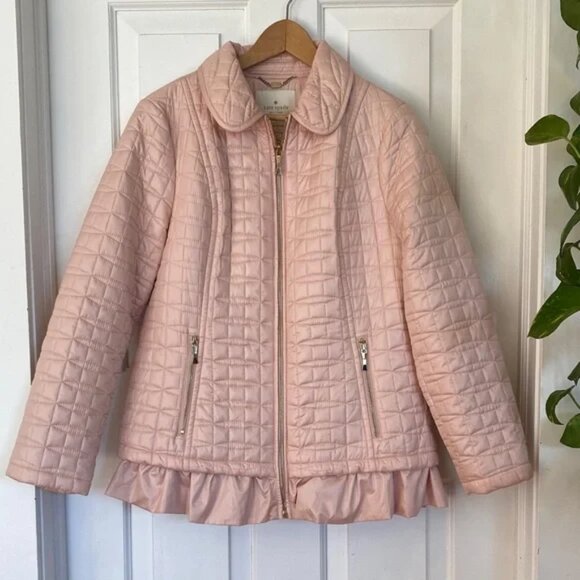 Pink Quilted Jacket with Ruffle Hem Gold Zippers feminine Coquette - Picture 1 of 5